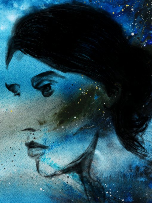 A surreal digital painting of a woman's face blended with a blue and black cosmic, starry night sky texture.