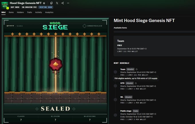 A digital minting interface for "Hood Siege Genesis NFT" displays a sealed treasure chest animation on the left, while the right panel shows a mint schedule starting September 10, featuring a Team allocation (free, 111 per wallet, 750 eligible wallets) and upcoming GTD, WL, and Public stages, directly supporting the post's announcement about expanding GTD allocation to 1,000 wallets.