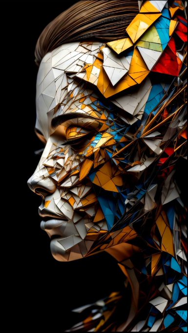 A digital artwork shows a woman's profile with one half of her face rendered in smooth white tones and the other half exploding into sharp, colorful geometric shards in orange, blue, white, and red.