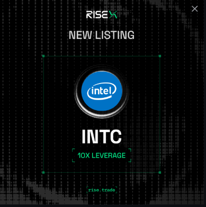 A 'New Listing' announcement from RISEX for INTC (Intel) with 10X leverage on a dark background.