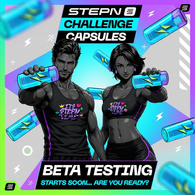 The image shows a poster for a beta testing challenge involving energy drinks called "StepN Challenge Capsules". The poster features two cartoon characters - a man and a woman - holding up cans of energy drink, with the text "Beta Testing" written above them. The poster also includes a list of energy drink names and a description of the challenge, indicating that it is an upcoming beta testing period for the new feature.