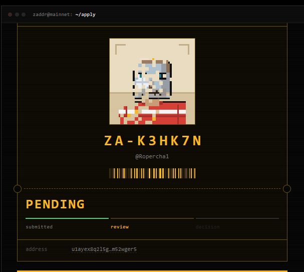 A digital profile card showing a pixel art avatar with username 'ZA-K3HK7N' (@Ropercha1), a barcode, 'PENDING' review status, and a Solana address 'u1ayex8qz1sg_m52wger5'.