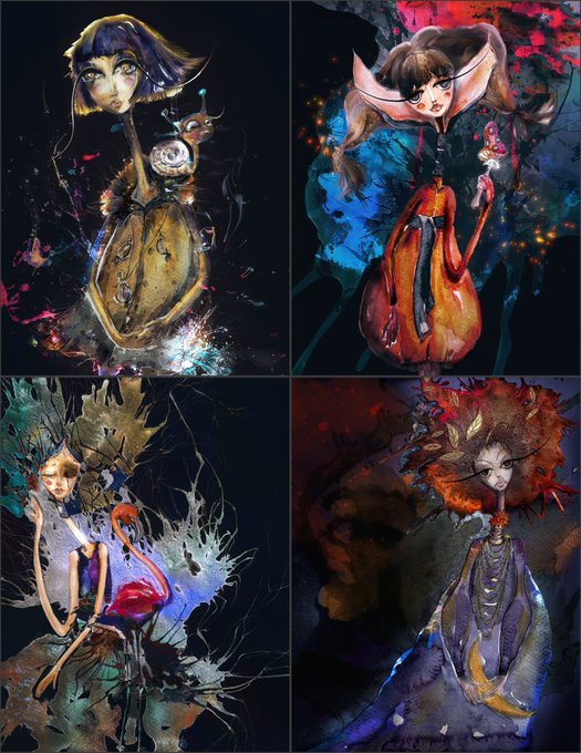 A 2x2 collage of four surreal, dark-toned digital paintings featuring stylized female figures in elegant, flowing dresses surrounded by abstract artistic elements.