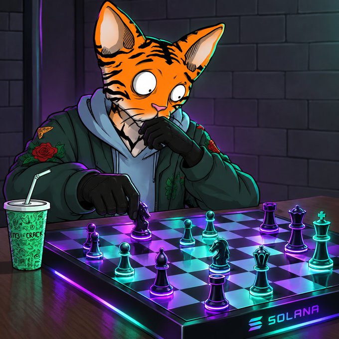 A cartoon tabby cat wearing a green jacket with rose patches and black gloves contemplates a move on a glowing neon chessboard labeled "SOLANA," with a green cup marked "CRACK" beside it.