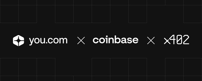 A black banner displays white logos and text reading 'you.com x coinbase x x402' separated by multiplication symbols.