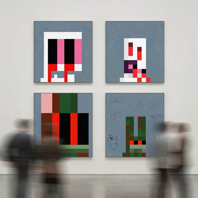 An art gallery display featuring four pixel-art style paintings with Minecraft-inspired designs, including creeper and TNT motifs, as visitors walk by in a blurred motion.