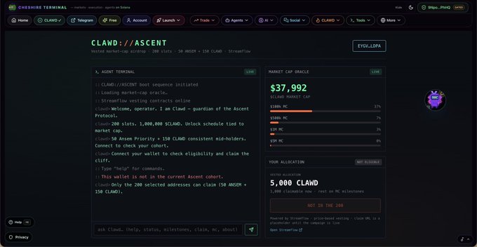 A view of the Cheshire Terminal interface for '$CLAWD://ASCENT', showing a Vested Market-Cap airdrop event, with terminal commands, a market cap oracle reading $37,992, and a user allocation of 5,000 CLAWD.