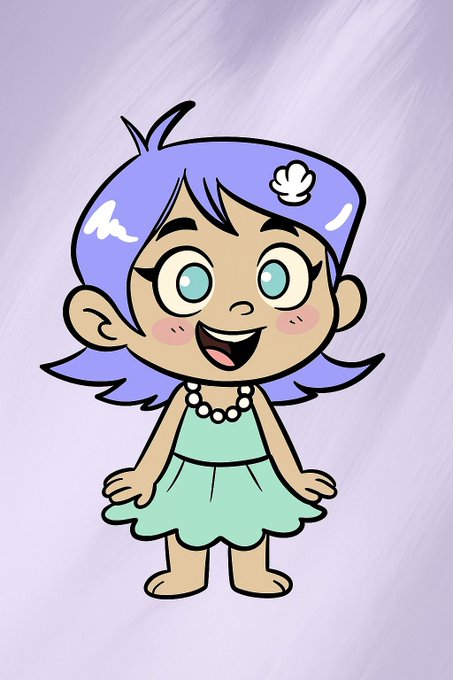 An animated cartoon character of a young girl with blue hair, a flower clip, and a light green dress, smiling widely on a light purple background.