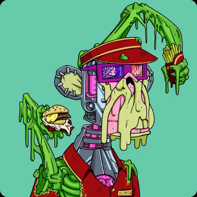 A grotesque cartoon robot with a melted face, green slime dripping from its body, wearing a red fast-food uniform and visor while holding a cheeseburger and fries. The image illustrates the post's reference to an "Aqua" themed Bored Ape NFT robot character, with green slime and aquatic aesthetics matching the Aqua color scheme.