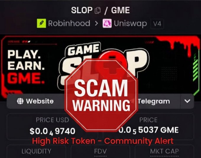 A scam warning alert for the SLOP/GME token on Uniswap V4, labeled as a 'High Risk Token - Community Alert'.