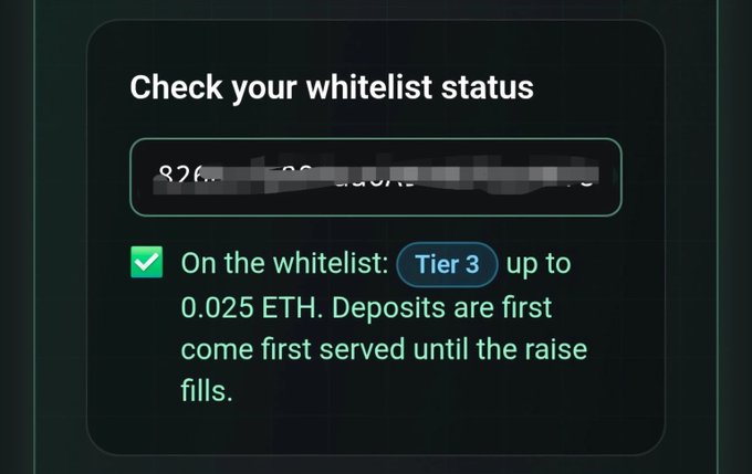 A 'Check your whitelist status' screen showing a partially obscured wallet address, indicating 'On the whitelist: Tier 3 up to 0.025 ETH' with first-come-first-served deposits until the raise fills.