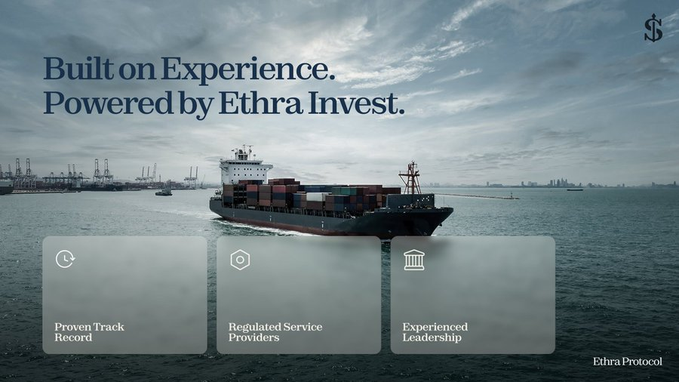 A corporate-style landing page for 'Ethra Protocol' featuring a container ship at sea with the headline 'Built on Experience. Powered by Ethra Invest,' and three feature boxes: Proven Track Record, Regulated Service Providers, and Experienced Leadership.