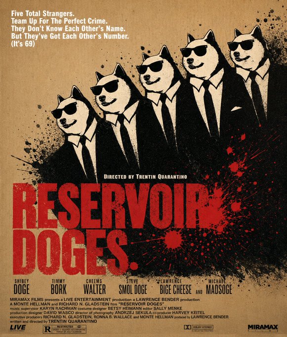 A parody movie poster for 'RESERVOIR DOGS' directed by 'Trentin Quarantino,' featuring five dogs in suits and sunglasses, with characters named Shibe Doge, Timmy Bork, Cheems Walter, Steve Smol Doge, and Lawrence Bige Cheese.