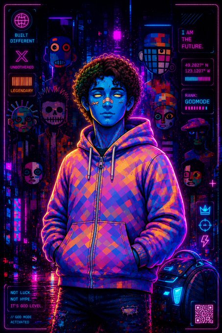 A vibrant neon-style digital illustration of a young person in a checkered hoodie, surrounded by cyberpunk elements and text including "BUILT DIFFERENT," "LEGENDARY," "I AM THE FUTURE," and "RANK: GODMODE."