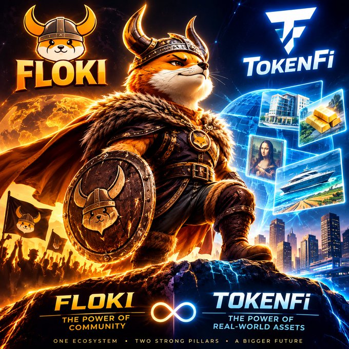 A promotional graphic featuring a Viking warrior cat mascot for FLOKI and TokenFi, with text reading "FLOKI - THE POWER OF COMMUNITY" and "TOKENFI - THE POWER OF REAL-WORLD ASSETS."