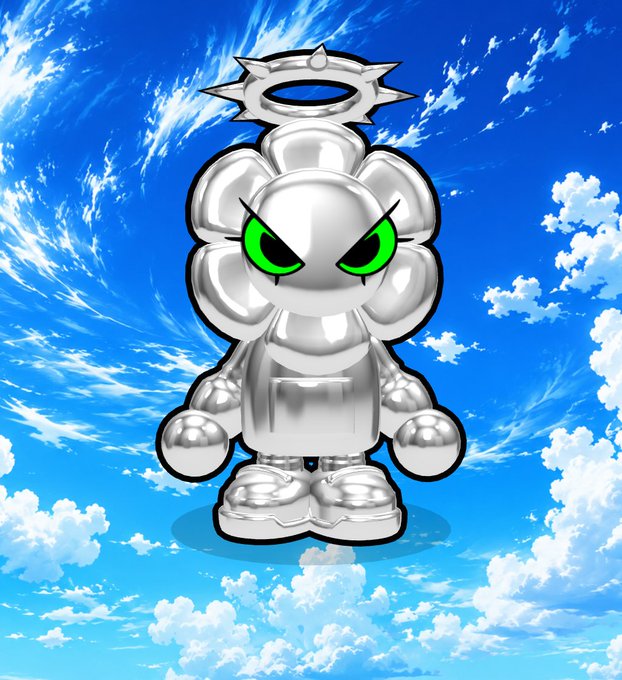 A 3D-rendered silver, flower-like character with an angry expression and green eyes, wearing a halo and sneakers, stands against a bright blue sky with white clouds.