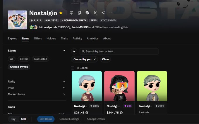 An OpenSea NFT marketplace page showing a collection called "Nostalgio" on the Robinhood Chain, displaying items priced around $24.48 and $24.75 ETH.
