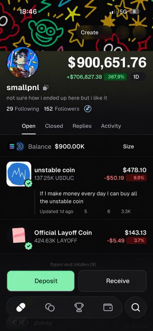 The image shows a crypto portfolio app screenshot displaying a balance of $900,651.76 (+$706,827.38, 367.9%) under the username "smallpnl," with holdings in "unstable coin" (137.25K USDC, $478.10) and "Official Layoff Coin" (424.63K LAYOFF, $143.13), visually supporting the post's claim of significant gains during an early bull market while humorously showcasing dubious "gem" tokens.