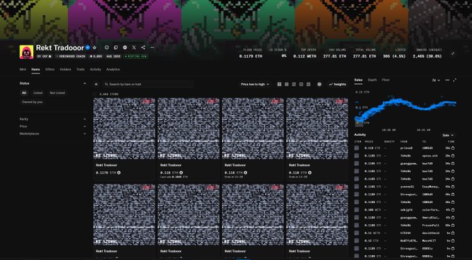 A screenshot of an NFT marketplace displaying a collection called 'Rektdooor' by Rektdooor, showing floor price statistics of 0.1179 ETH and multiple glitchy black-and-white NFT listings.