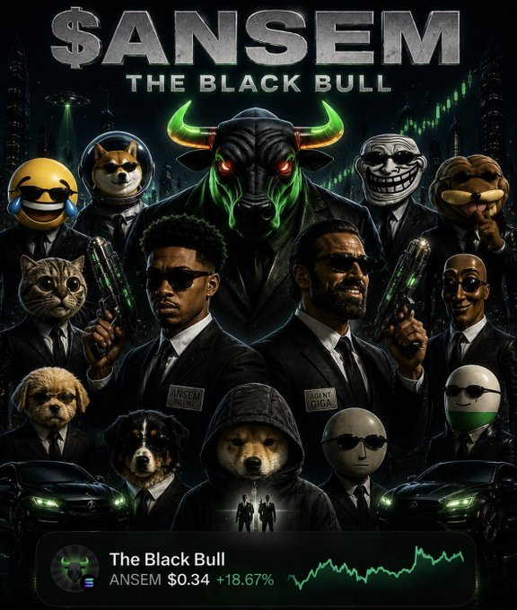 A stylized meme poster promoting "$ANSEM THE BLACK BULL," featuring a menacing bull with glowing green horns surrounded by figures in suits—including characters like the Shiba Inu "Doge," Shrek, a trollface, and various meme faces—some holding futuristic guns, with a trading ticker at the bottom showing "ANSEM $0.34 +18.67%."

The image visually captures the post's themes of explosive momentum and strong community conviction, using iconic meme characters and a rising green price chart to symbolize the Solana token's rapid growth and "movement" status.
