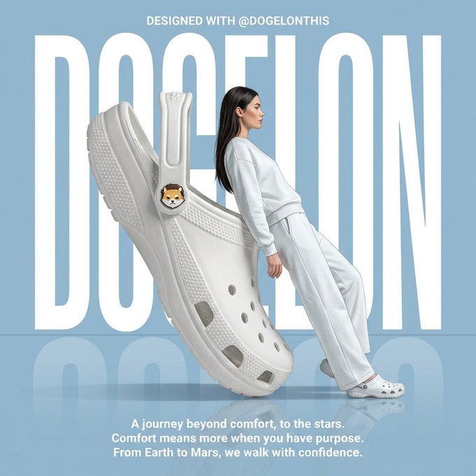 A promotional graphic featuring a woman in white athletic wear leaning against an oversized white Croc with a Shiba Inu charm, set against a light blue background with large 'DOGELON' text and the tagline 'A journey beyond comfort, to the stars. Comfort means more when you have purpose. From Earth to Mars, we walk with confidence.' Credit: 'DESIGNED WITH @DOGELONTHIS'.