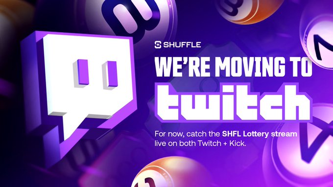 A promotional graphic announcing 'SHUFFLE WE'RE MOVING TO TWITCH' with the Twitch logo and text about the SHFL Lottery stream.