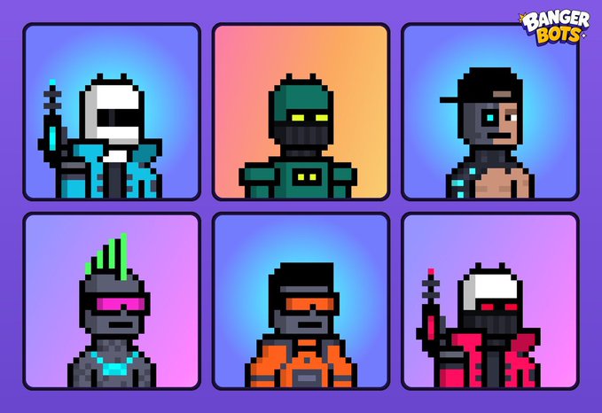 A grid of six pixel-art character avatars from Banger Bots, featuring various robotic and human figures with different colored outfits and accessories.