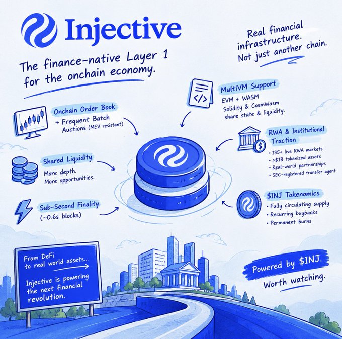 An infographic for Injective, described as 'The finance-native Layer 1 for the onchain economy,' detailing features like Onchain Order Book, MultiVM Support, and $INJ Tokenomics.