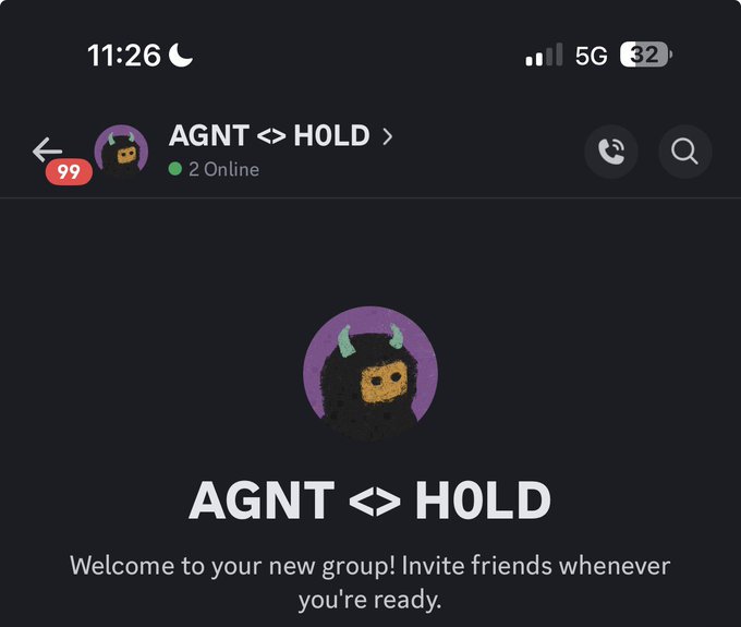 A Discord group titled "AGNT <> HOLD" with a 99+ notification badge is shown, displaying a welcome message inviting members to share group invites — connecting to the post announcing an upcoming collaboration and raffle giveaway for Tuteth's AGNT community.