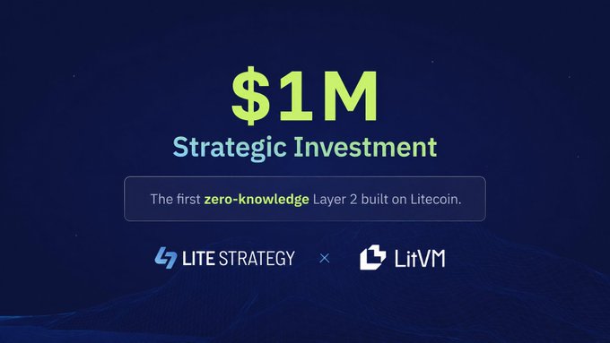 Lite Strategy announces a $1M strategic investment in LiVM, described as the first zero-knowledge Layer 2 built on Litecoin, with the post highlighting the move as a $50M cap entry into the project bringing programmability, RWA, DeFi, and privacy to the Litecoin ecosystem.