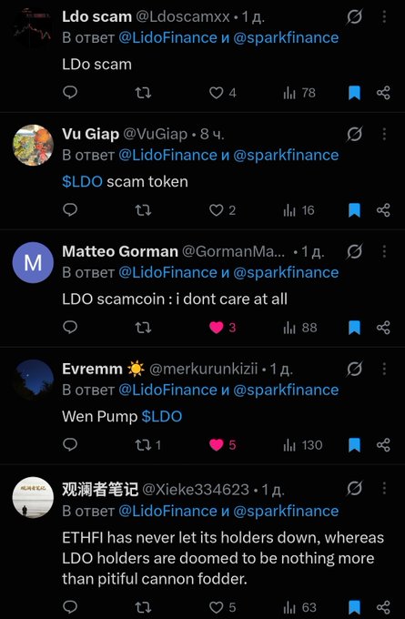 A screenshot of Twitter/X posts in Russian and English criticizing LDO/Lido Finance and Spark Finance, with text including "LDo scam," "$LDO scam token," "Lido scam scamcoin," "Wen Pump $LDO," and "ETHFI has never let its holders down, whereas LDO holders are doomed."