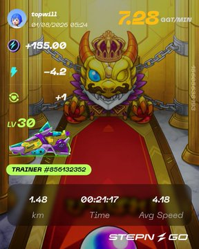 A STEPN GO game screen shows a Level 30 sneaker with 7.28 GST/MIN earning rate, 1.48 km distance, 00:21:17 time, and 4.18 avg speed, belonging to trainer "#856432352".
