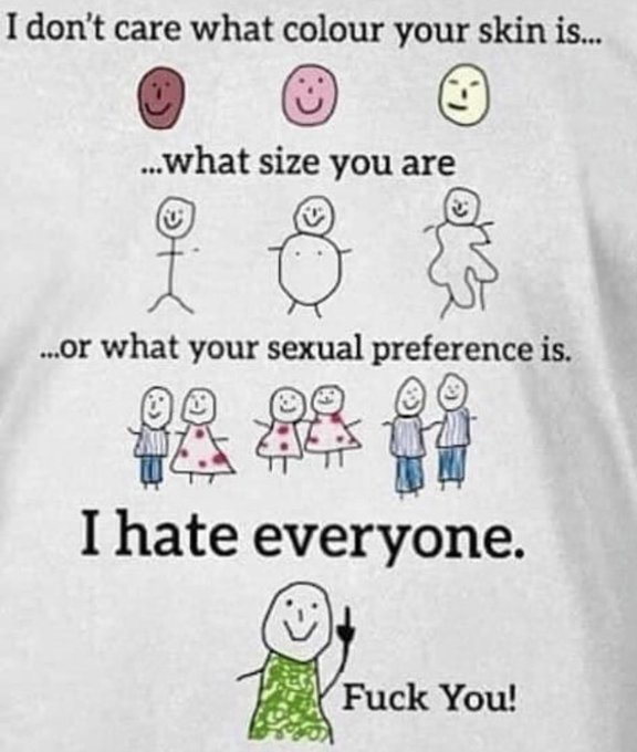 A white t-shirt displays a hand-drawn message reading "I don't care what colour your skin is... what size you are... or what your sexual preference is. I hate everyone. Fuck You!" accompanied by simple stick figure illustrations depicting people of different skin tones, body sizes, and same-sex couples.