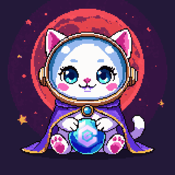 A pixel art illustration shows a cute white cat wearing a purple cape and headset, holding a glowing blue orb, set against a dark background with a large red moon.