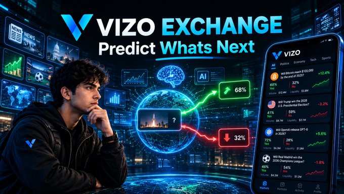 A young trader studies a futuristic prediction interface for “VIZO EXCHANGE – Predict What’s Next,” with an AI globe, market trends, and 68% up/32% down outcomes beside a phone showing Vizo’s politics, economy, tech, and sports markets. The image illustrates Vizo Exchange’s focus on forecasting and discussing market outcomes before placing a trade.