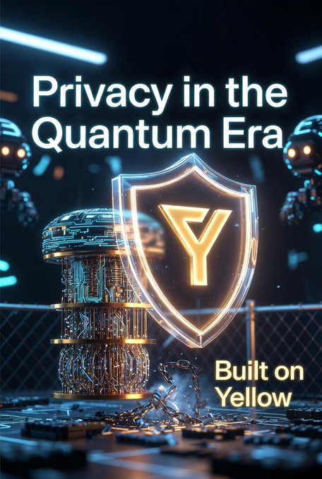The image features a poster for a project called "Built on Yellow", which is about creating stealth addresses using post-quantum encryption. The poster includes a shield with the letters "Y" written on it, surrounded by a bunch of circuit boards. The background of the poster is dark and has a futuristic feel to it, giving an impression that this project is related to Quantum computing or Quantum physics.