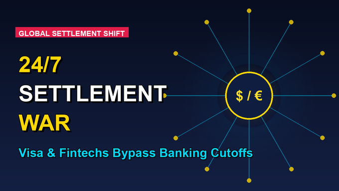 An infographic titled '24/7 SETTLEMENT WAR' with the header 'GLOBAL SETTLEMENT SHIFT' and subtitle 'Visa & Fintechs Bypass Banking Cutoffs', featuring a central '$ / €' symbol connected by lines.