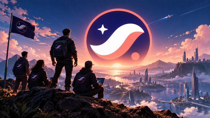 A digital artwork depicting four figures with backpacks bearing a StarBit (SBIT) logo overlooking a futuristic cityscape, with a large stylized 'S' cryptocurrency emblem glowing in the sunset sky.