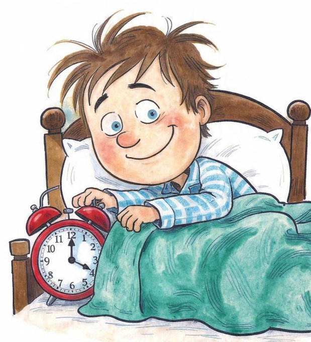 A classic children's book illustration of a smiling boy in blue striped pajamas waking up in bed, reaching to turn off a twin-bell alarm clock.