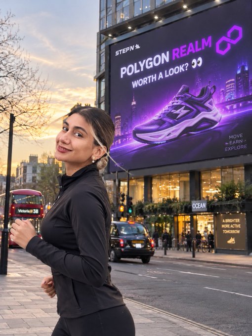 A woman in black running attire smiles over her shoulder on a city street, with a large digital billboard behind her advertising 'STEPN' for 'POLYGON REALM' featuring a purple sneaker and the text 'WORTH A LOOK? 👀', 'MOVE', 'EARN', 'EXPLORE'.