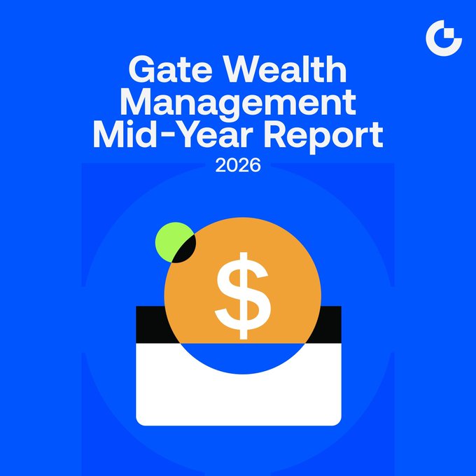 A blue cover graphic for the "Gate Wealth Management Mid-Year Report 2026" featuring an illustrated orange coin with a dollar sign emerging from a wallet. The bold, modern design ties directly to the post's theme of investor resilience, with the wallet imagery symbolizing the steady $2B USDT AUM in Simple Earn despite steep declines in $BTC and $ETH.