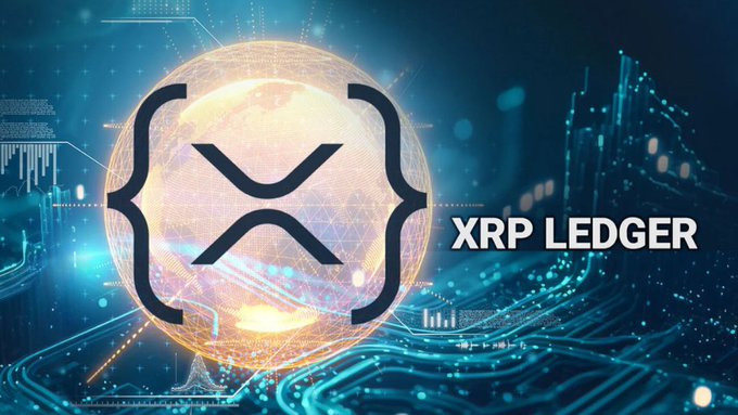 A glowing XRP Ledger (XRPL) logo is displayed over a digital backdrop of circuit boards and financial charts, with the text "XRP LEDGER" prominently featured. The image visually reinforces the post's message about the XRP Ledger's potential to integrate into the $10 trillion real-world asset (RWA) market.