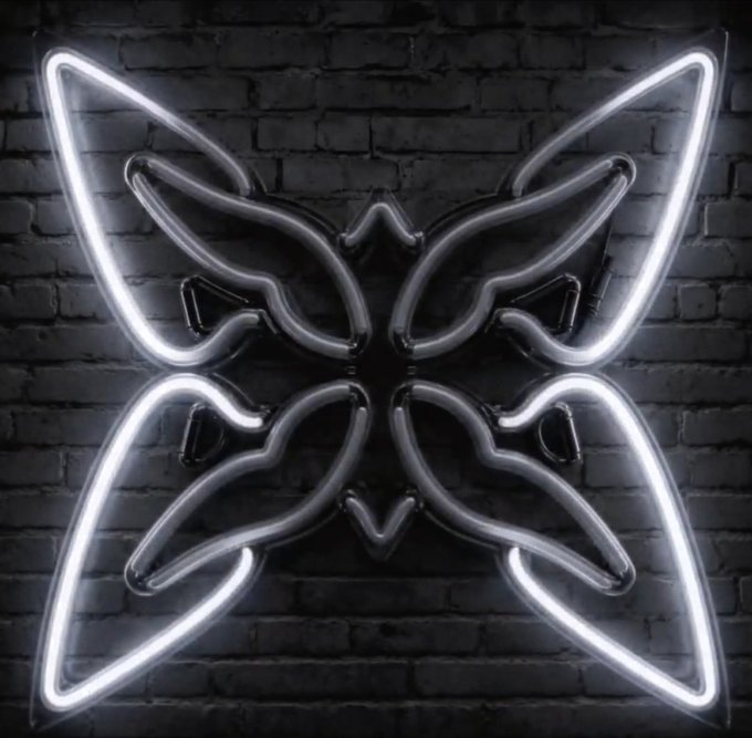 A glowing white neon butterfly logo displayed against a dark brick wall, serving as a visual emblem for the ecosystem discussed in the post highlighting QPoUW topology, hybrid signatures, and GPU performance advancements.
