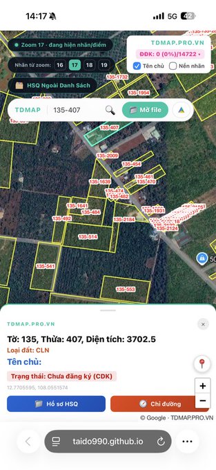 A mobile map view from tdmap.pro.vn showing a land parcel labeled '135-407' with an area of 3702.5 square meters, marked as 'Chưa đăng ký (CDK)' in Vietnamese.