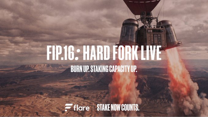A promotional banner for Flare cryptocurrency featuring a space capsule launching with flames, displaying the text 'FIP.16: HARD FORK LIVE - BURN UP. STAKING CAPACITY UP.' and the Flare logo with 'STAKE NOW COUNTS.'