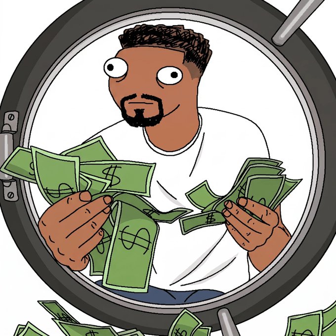 A cartoon illustration of a man with a goatee looking through a round vault or safe door while greedily clutching and counting wads of cash, with dollar bills scattered around.