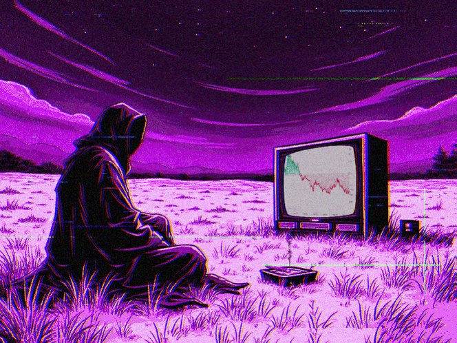 The image features a purple sky, a television screen showing a graph of stock prices, and a person sitting in the grass with their head down. The caption at the bottom of the post reads "gm Happy Saturday Are you still holding Tezos? Desperate Hodler". This suggests that there might be an advertisement related to cryptocurrency or stocks using a humorous image featuring someone dressed like a sad wizard or an old man from the 80s who is sitting in front of a television displaying stock market trends.