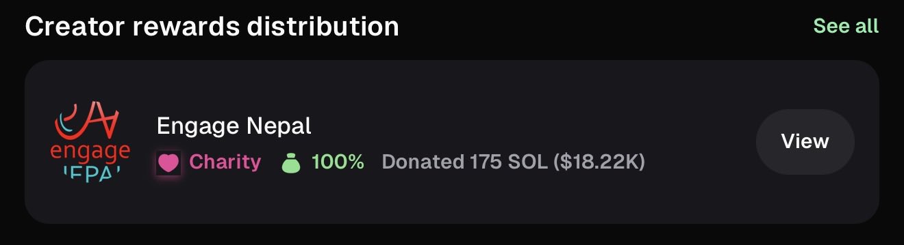 The image displays a "Creator rewards distribution" section showing that Engage Nepal, a charity, has received 175 SOL ($18.22K) in donations, with 100% of rewards going to the cause. This supports the post's claim about $BLUEHOUSE fees generating charitable donations to Engage Nepal, highlighting the project's community-driven narrative despite the token's price being down ~80% from highs.