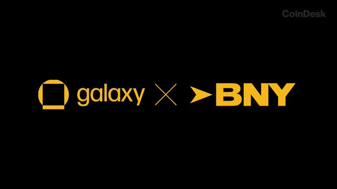 The image displays the logos of "galaxy" and "BNY" separated by a multiplication symbol on a black background, with the CoinDesk watermark in the top right corner, visually representing the partnership announcement between Galaxy Digital and BNY to integrate institutional staking services into BNY's Digital Asset Custody platform.