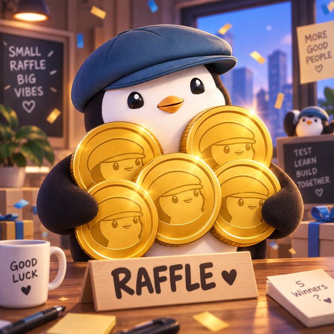 A 3D-rendered penguin wearing a blue cap holds gold coins embossed with penguin faces, sitting behind a 'RAFFLE' sign with signs reading 'SMALL RAFFLE BIG VIBES', 'MORE GOOD PEOPLE', 'TEST LEARN BUILD TOGETHER', 'GOOD LUCK', and '5 Winners'.